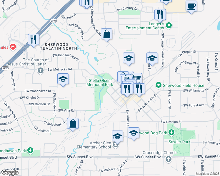 map of restaurants, bars, coffee shops, grocery stores, and more near 16200 Southwest 3rd Street in Sherwood