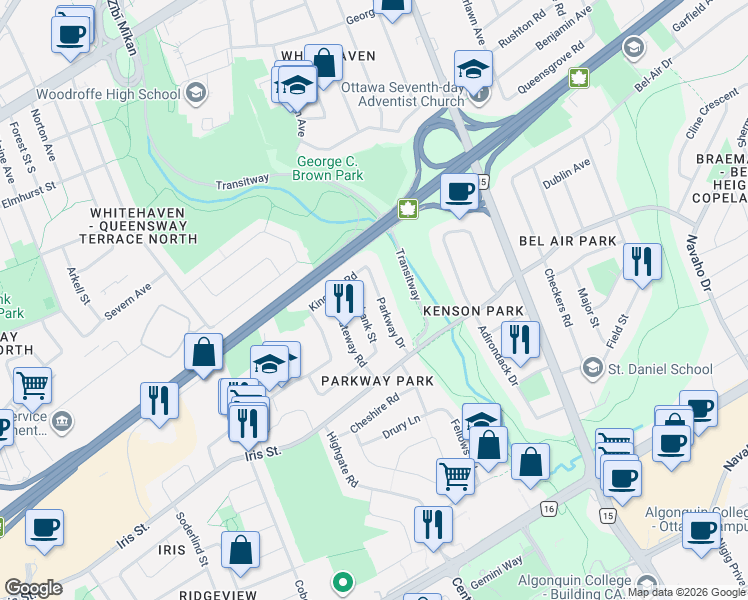 map of restaurants, bars, coffee shops, grocery stores, and more near 1144 Parkway Drive in Ottawa