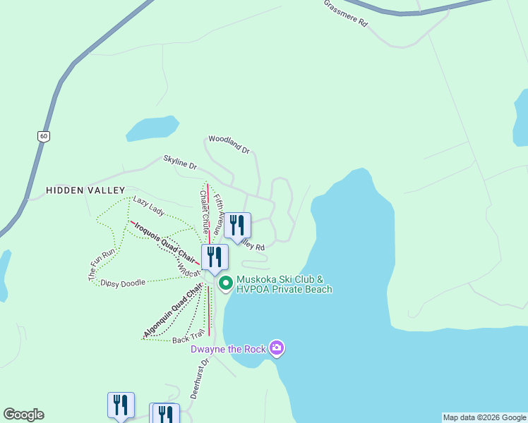 map of restaurants, bars, coffee shops, grocery stores, and more near 157 Chalet Crescent in Huntsville