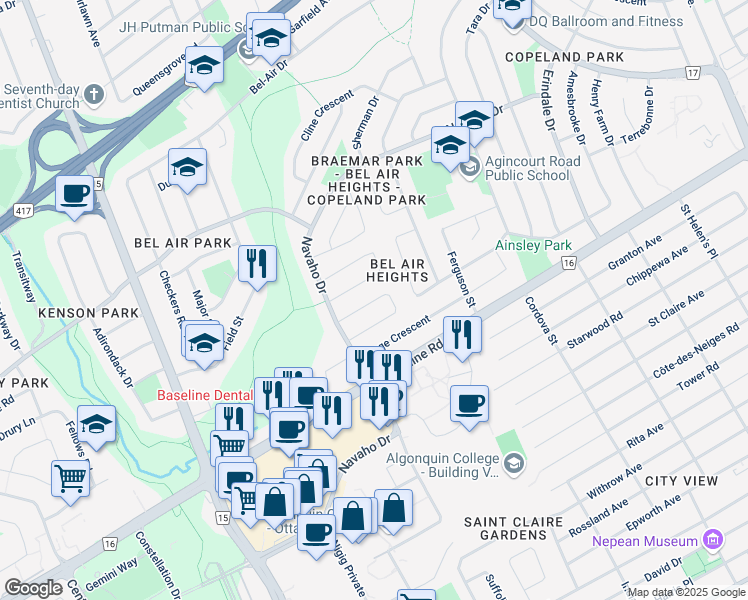 map of restaurants, bars, coffee shops, grocery stores, and more near 1791 Paisley Avenue in Ottawa