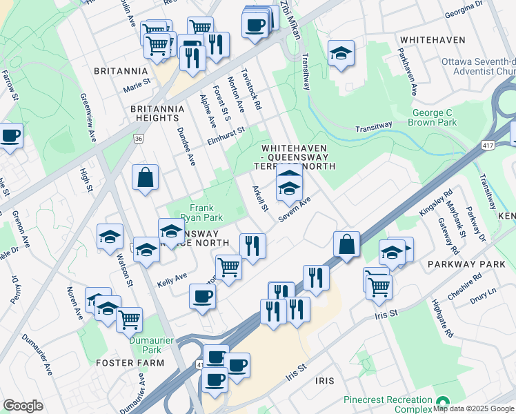 map of restaurants, bars, coffee shops, grocery stores, and more near 972 Arkell Street in Ottawa