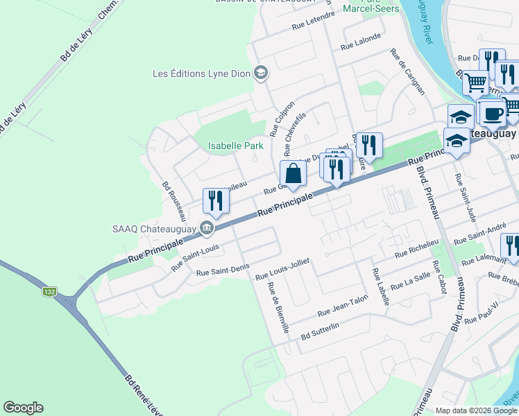 map of restaurants, bars, coffee shops, grocery stores, and more near 172 Rue Principale in Châteauguay