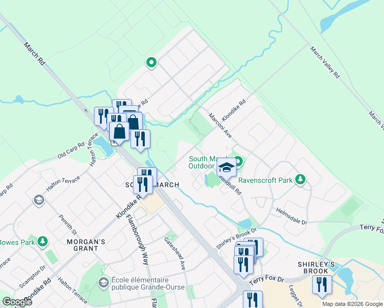 map of restaurants, bars, coffee shops, grocery stores, and more near 1050 Klondike Road in Ottawa