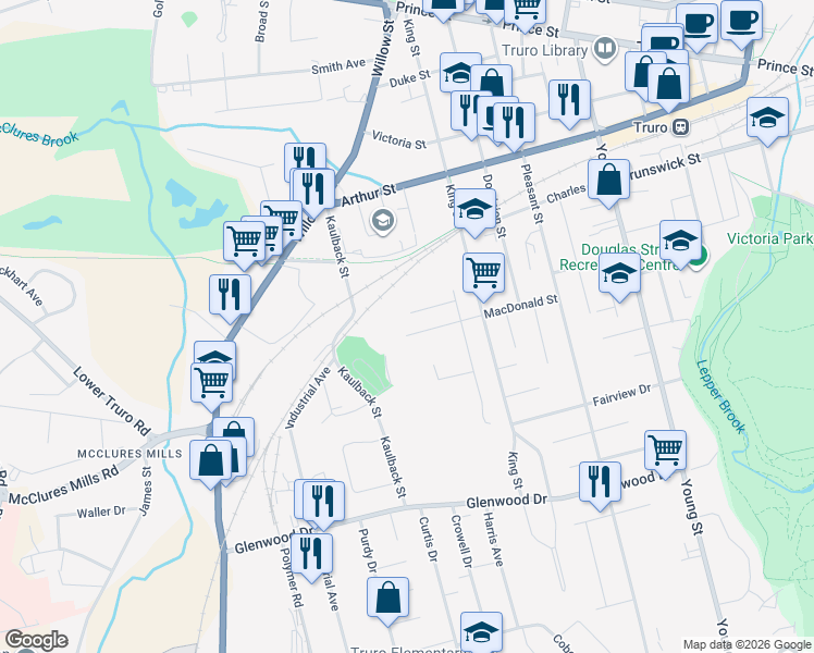 map of restaurants, bars, coffee shops, grocery stores, and more near 13 Macdonald Street in Truro