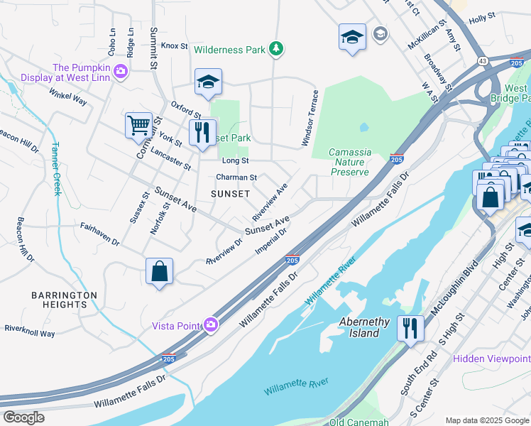 map of restaurants, bars, coffee shops, grocery stores, and more near 4411 Riverview Avenue in West Linn