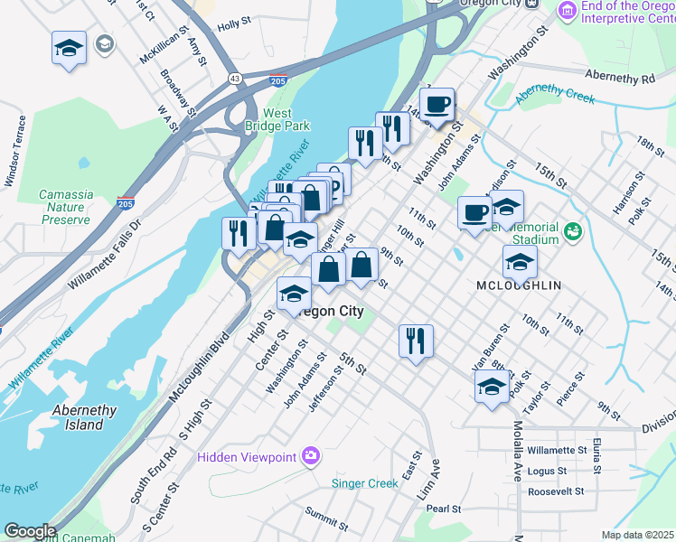 map of restaurants, bars, coffee shops, grocery stores, and more near 710 Center Street in Oregon City