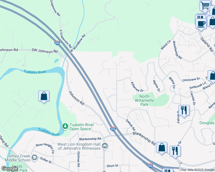 map of restaurants, bars, coffee shops, grocery stores, and more near 2442 Margery Street in West Linn