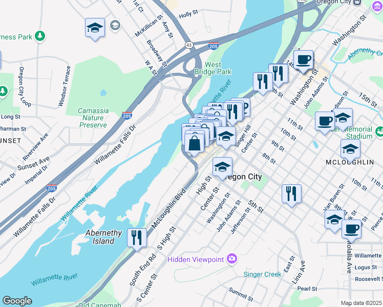 map of restaurants, bars, coffee shops, grocery stores, and more near 507 Main Street in Oregon City