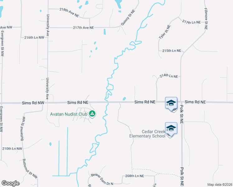 map of restaurants, bars, coffee shops, grocery stores, and more near 629 Sims Road Northeast in East Bethel
