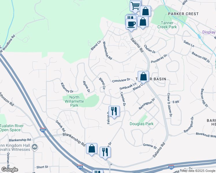 map of restaurants, bars, coffee shops, grocery stores, and more near 23075 Bland Circle in West Linn