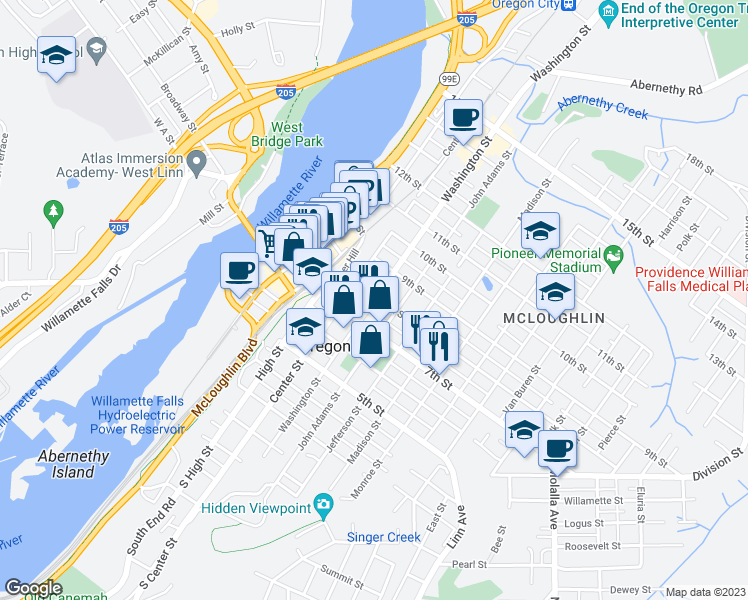 map of restaurants, bars, coffee shops, grocery stores, and more near 723 Washington Street in Oregon City