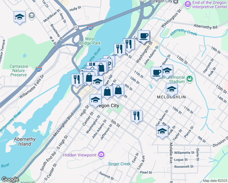 map of restaurants, bars, coffee shops, grocery stores, and more near in Oregon City
