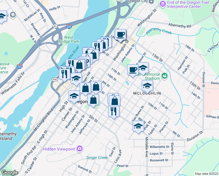 map of restaurants, bars, coffee shops, grocery stores, and more near 818 John Adams Street in Oregon City