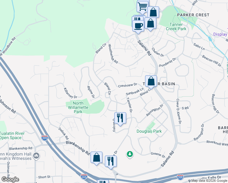 map of restaurants, bars, coffee shops, grocery stores, and more near 23075 Bland Circle in West Linn