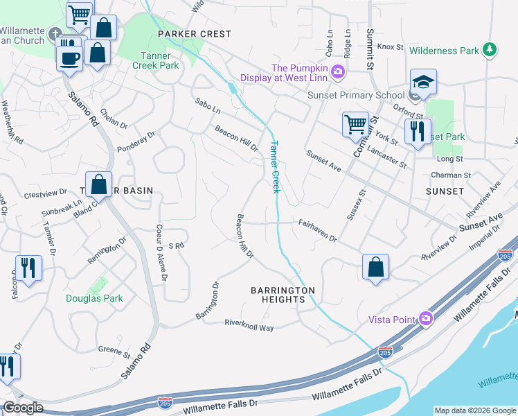 map of restaurants, bars, coffee shops, grocery stores, and more near 3921 North Hampton Court in West Linn