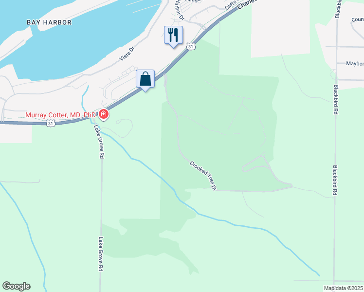 map of restaurants, bars, coffee shops, grocery stores, and more near 115 Crooked Tree Drive in Petoskey
