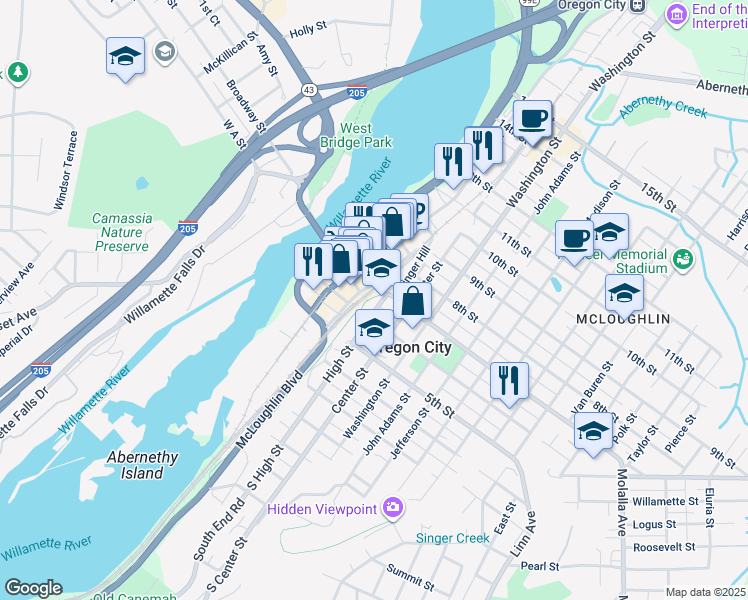 map of restaurants, bars, coffee shops, grocery stores, and more near 619 High Street in Oregon City