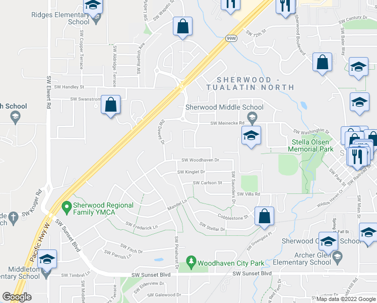 map of restaurants, bars, coffee shops, grocery stores, and more near 17436 Southwest Timber Crossing Lane in Sherwood