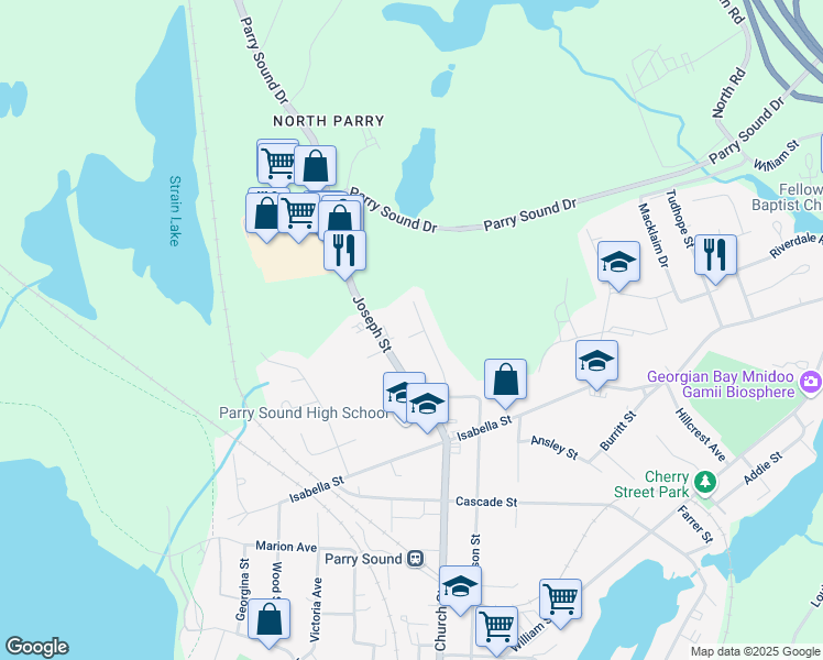 map of restaurants, bars, coffee shops, grocery stores, and more near 120 Church Street in Parry Sound