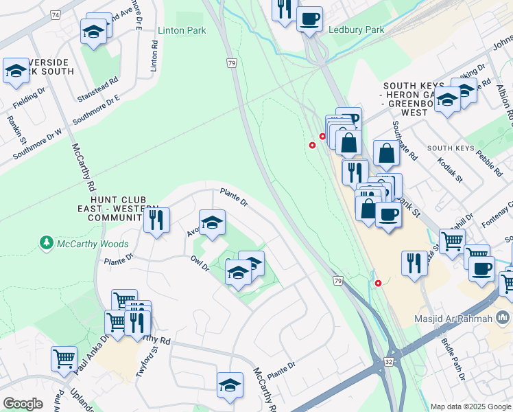 map of restaurants, bars, coffee shops, grocery stores, and more near 1047 Plante Drive in Ottawa