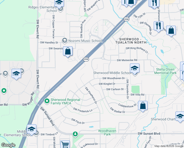 map of restaurants, bars, coffee shops, grocery stores, and more near 22511 Southwest Dewey Drive in Sherwood