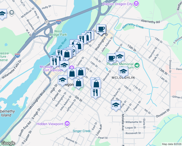 map of restaurants, bars, coffee shops, grocery stores, and more near 818 John Adams Street in Oregon City