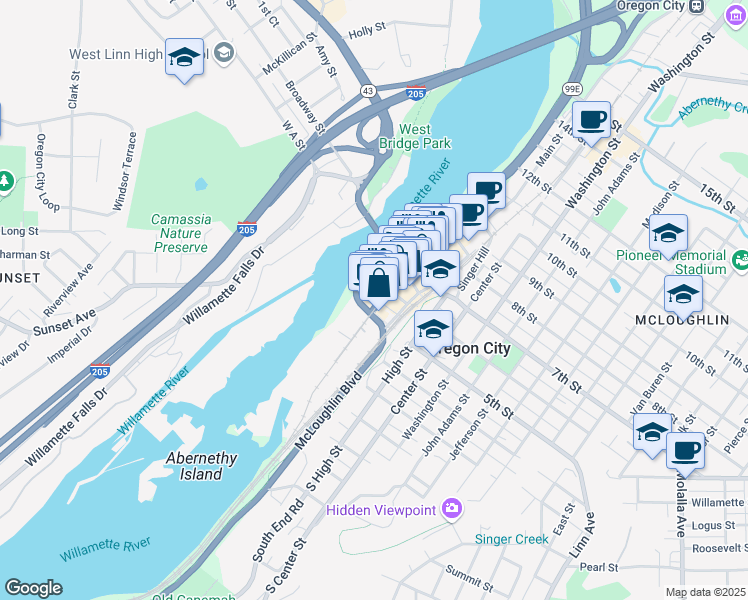 map of restaurants, bars, coffee shops, grocery stores, and more near 507 Main Street in Oregon City