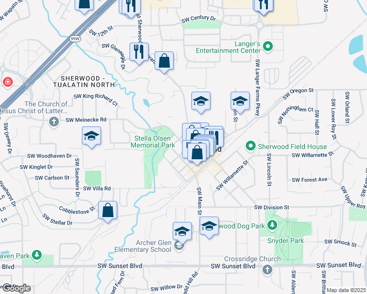 map of restaurants, bars, coffee shops, grocery stores, and more near 16103 Southwest 2nd Street in Sherwood