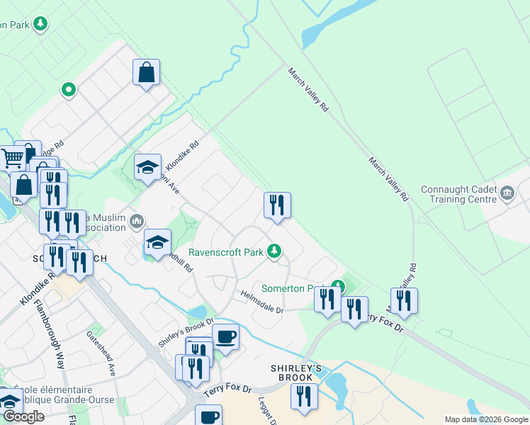 map of restaurants, bars, coffee shops, grocery stores, and more near 110 Macara Crescent in Ottawa