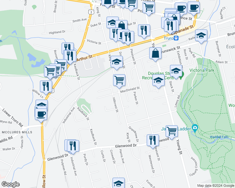 map of restaurants, bars, coffee shops, grocery stores, and more near 68 Macdonald Street in Truro
