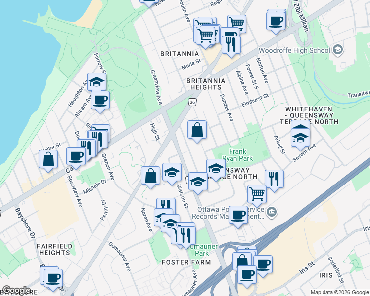 map of restaurants, bars, coffee shops, grocery stores, and more near 874 Pinewood Crescent in Ottawa
