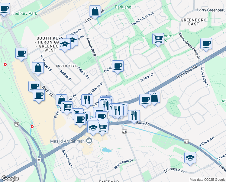map of restaurants, bars, coffee shops, grocery stores, and more near 12 Royal Oak Court in Ottawa