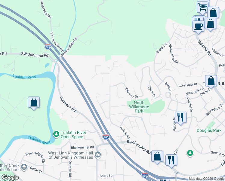 map of restaurants, bars, coffee shops, grocery stores, and more near 2485 Debok Road in West Linn