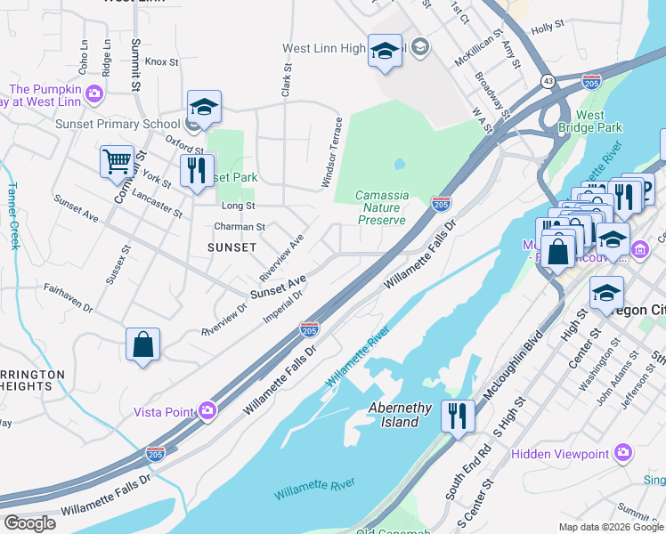 map of restaurants, bars, coffee shops, grocery stores, and more near 1774 Sunset Avenue in West Linn