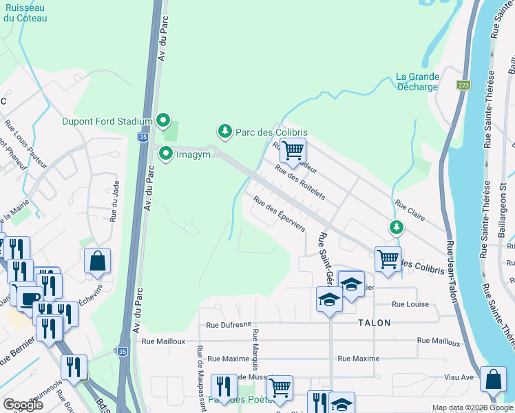 map of restaurants, bars, coffee shops, grocery stores, and more near 98 Rue des Éperviers in Saint-Jean-sur-Richelieu