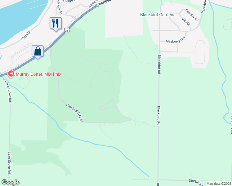 map of restaurants, bars, coffee shops, grocery stores, and more near 849 Crooked Tree Drive in Petoskey