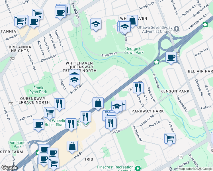 map of restaurants, bars, coffee shops, grocery stores, and more near 2534 Hopkins Road in Ottawa