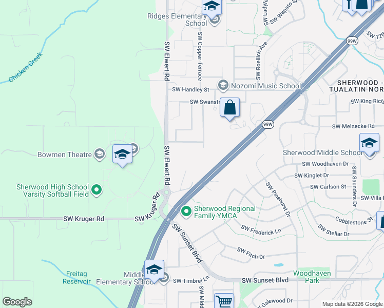 map of restaurants, bars, coffee shops, grocery stores, and more near 22770 Southwest Elwert Road in Sherwood
