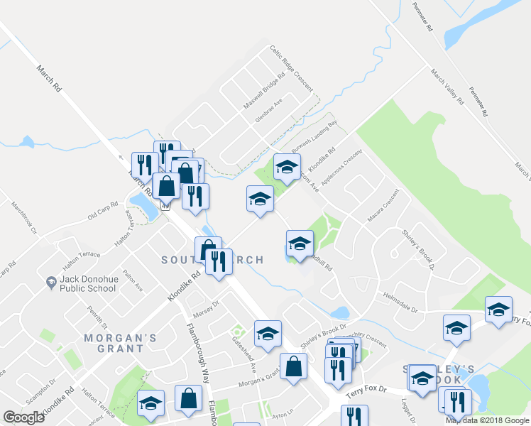 map of restaurants, bars, coffee shops, grocery stores, and more near 1050 Klondike Road in Ottawa