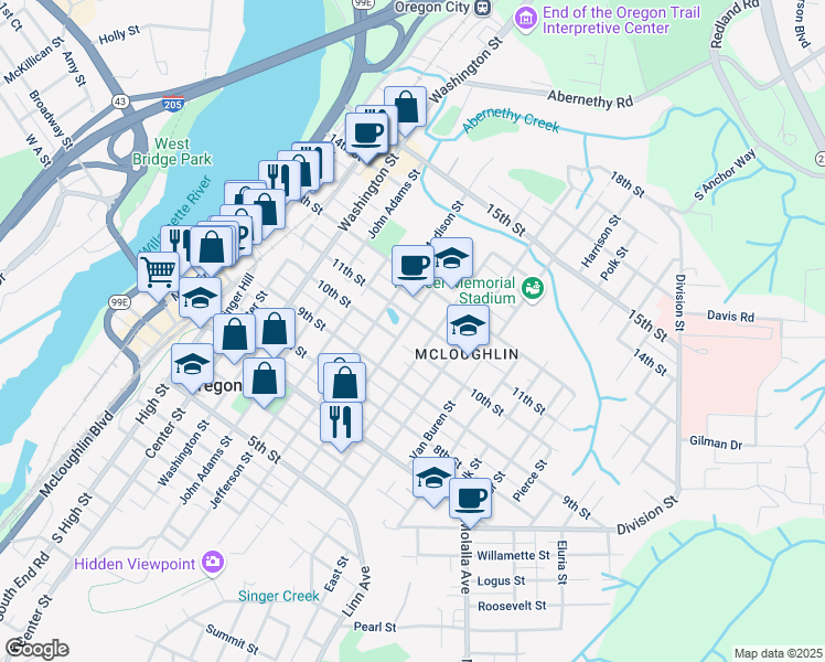 map of restaurants, bars, coffee shops, grocery stores, and more near 916 10th Street in Oregon City