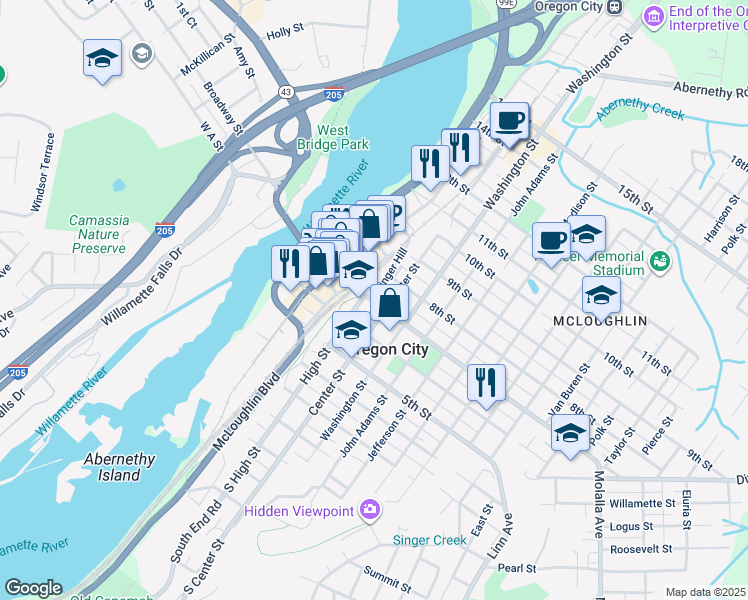 map of restaurants, bars, coffee shops, grocery stores, and more near 619 High Street in Oregon City