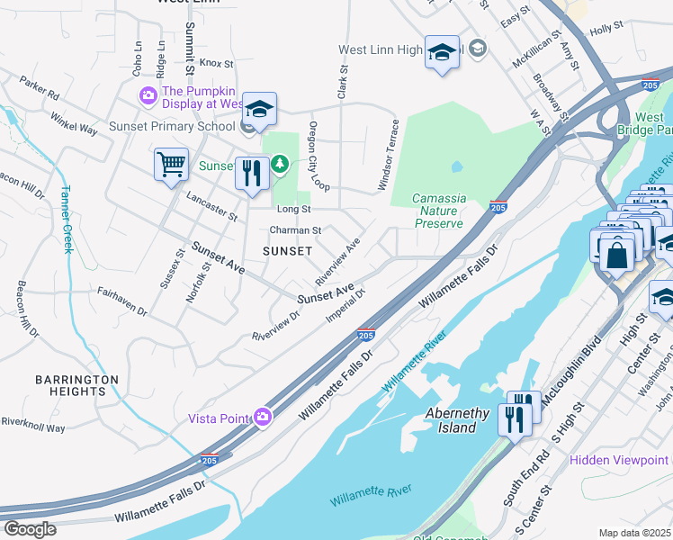 map of restaurants, bars, coffee shops, grocery stores, and more near 4411 Riverview Avenue in West Linn