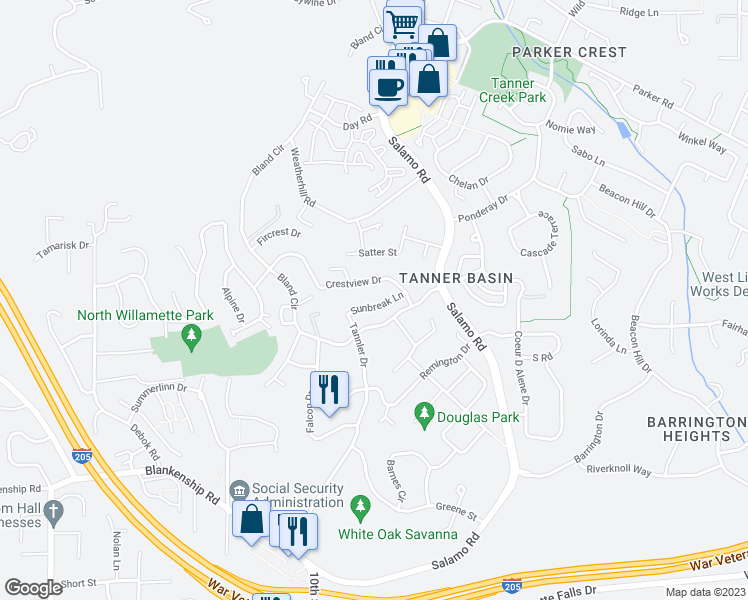 map of restaurants, bars, coffee shops, grocery stores, and more near 3062 Sunbreak Lane in West Linn