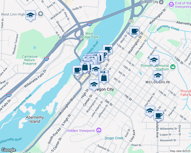 map of restaurants, bars, coffee shops, grocery stores, and more near 619 High Street in Oregon City