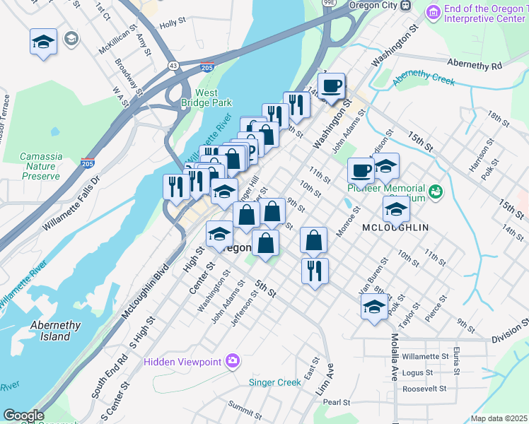 map of restaurants, bars, coffee shops, grocery stores, and more near 721 Washington Street in Oregon City