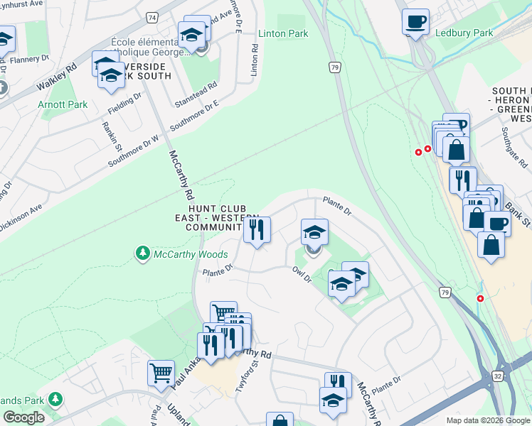 map of restaurants, bars, coffee shops, grocery stores, and more near 919 Plante Drive in Ottawa