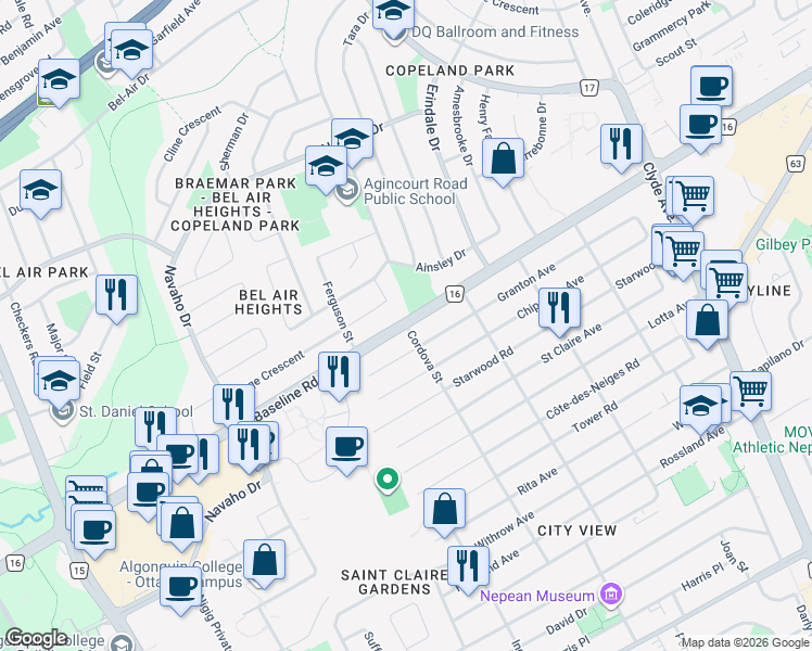 map of restaurants, bars, coffee shops, grocery stores, and more near Baseline Road & Cordova Street in Ottawa