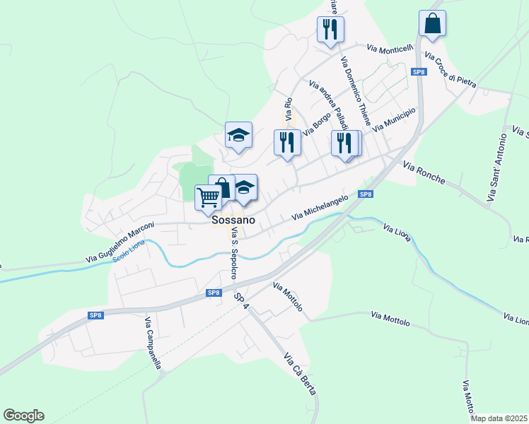 map of restaurants, bars, coffee shops, grocery stores, and more near 44 Via Roma in Sossano