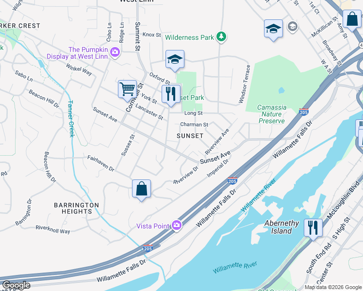 map of restaurants, bars, coffee shops, grocery stores, and more near 4323 Grant Street in West Linn