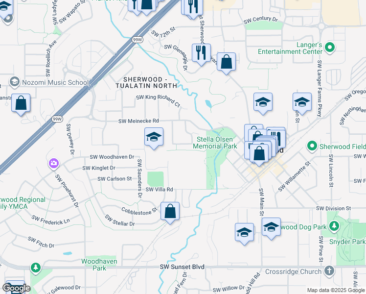 map of restaurants, bars, coffee shops, grocery stores, and more near 16686 Southwest Travis Court in Sherwood